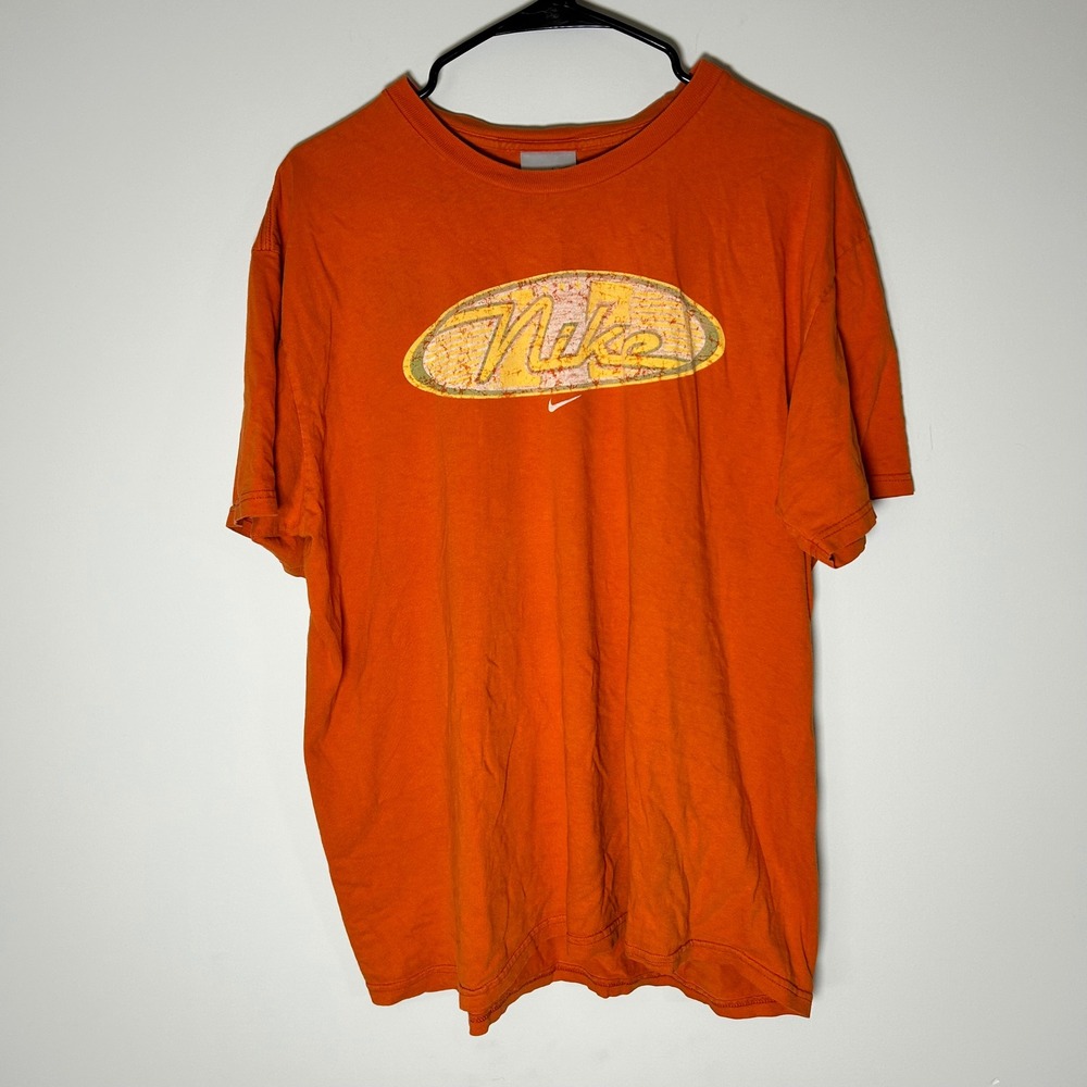 Vintage Distressed Nike Graphic T-Shirt Mens XL Orange Oval Logo Short Sleeve